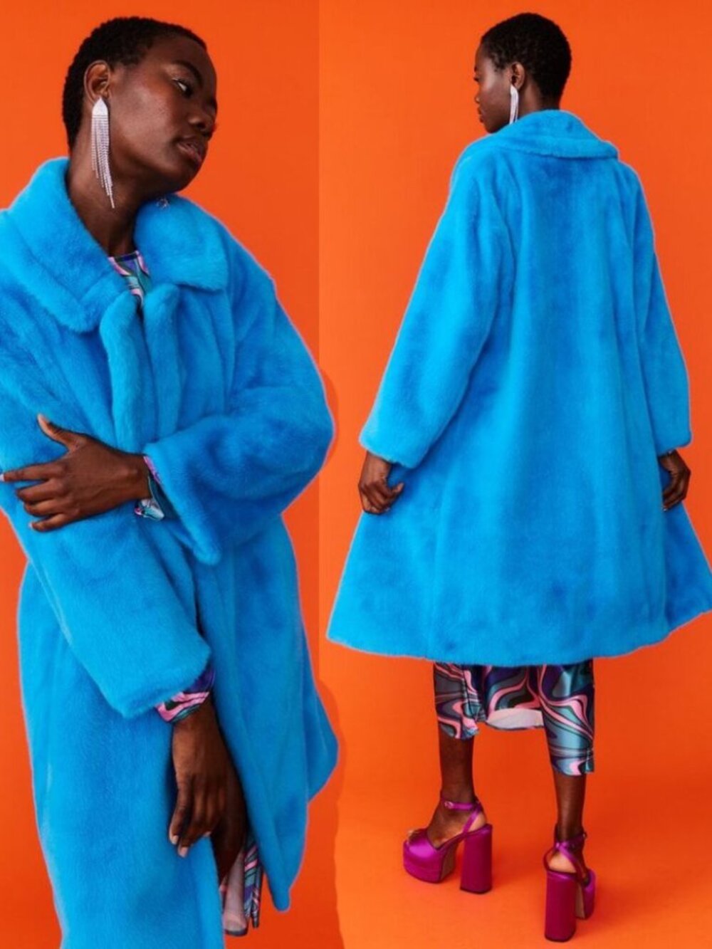 💋STUNNING!💋JAYLEY Luxurious Faux Rabbit Rex Fur Midi Coat in Azul Blue